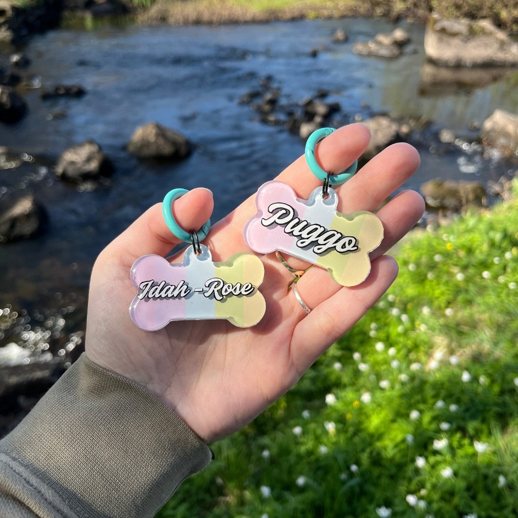 Two spring/pastel resin ID tags carrying names Puggo and Idah-Rose held in a person's hand outside in the sun.