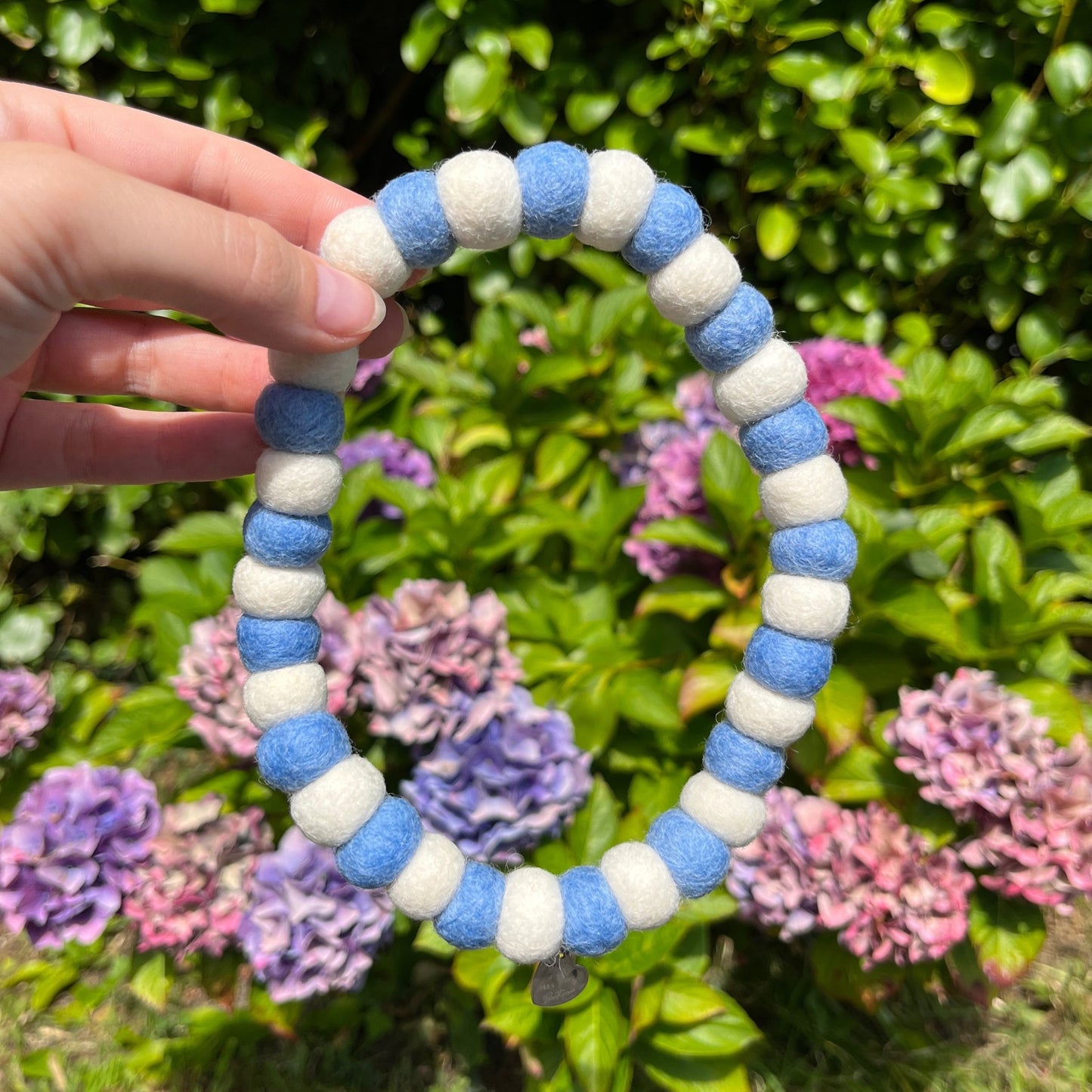 Dog Pom Pom Necklace - Blue and White