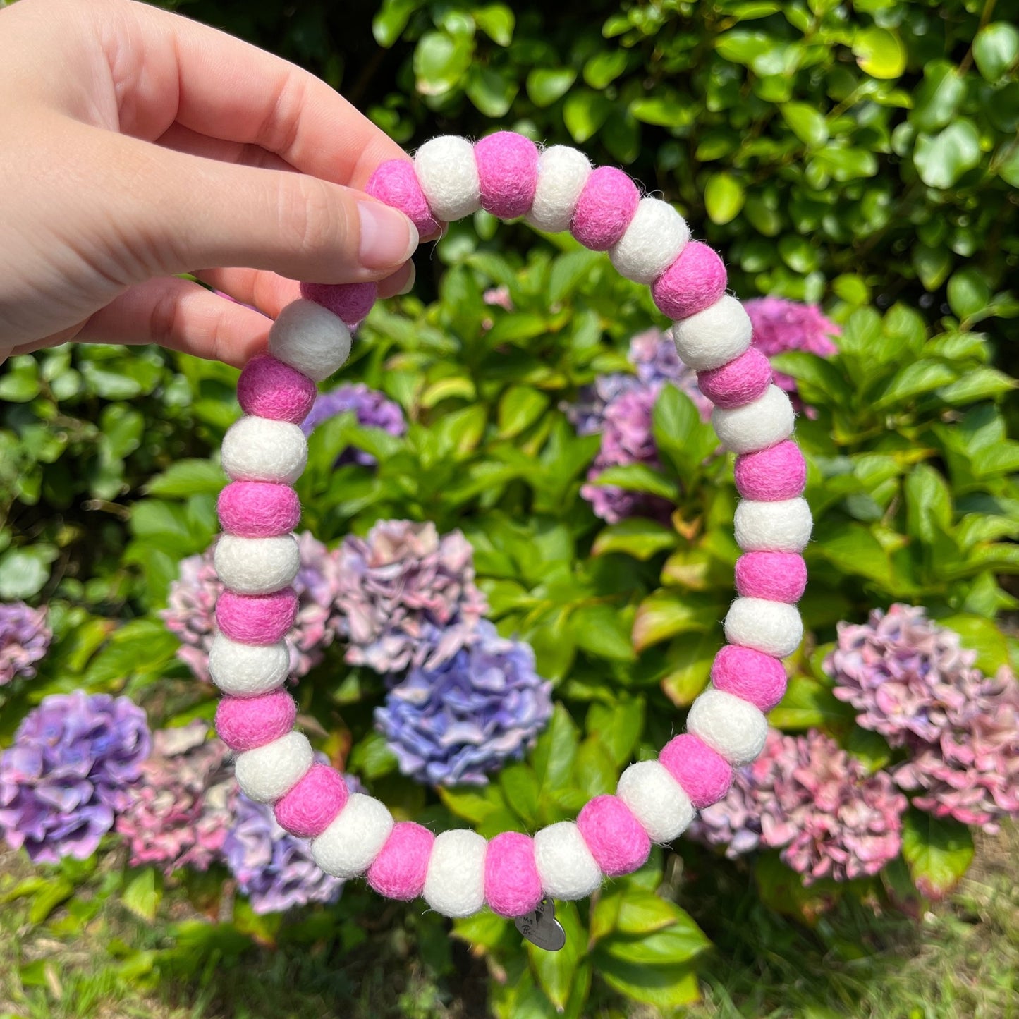 Dog Pom Pom Necklace - Pink and White